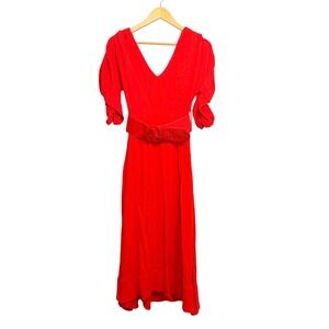 Nicholas Red V-Neck Belted Puff Sleeve Midi Dress Pockets A-Line Hem 2